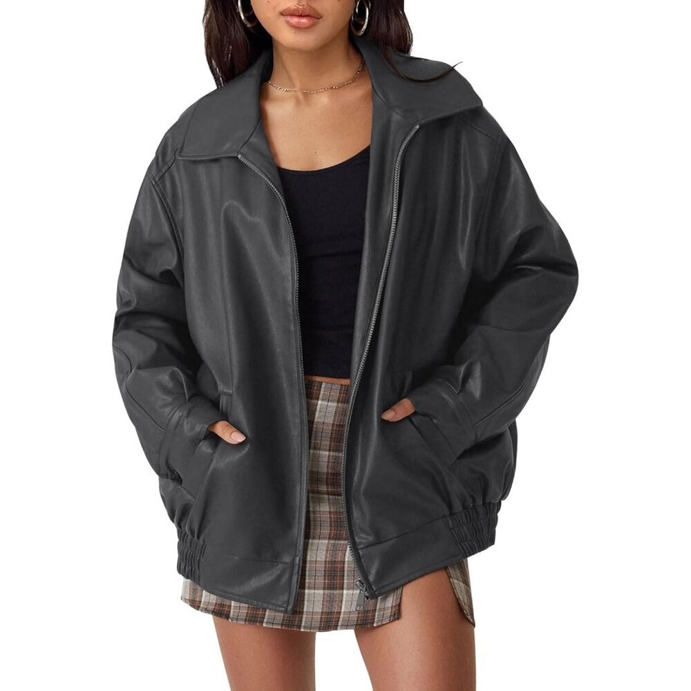 Women's Dark Grey Faux Leather Fall Motorcycle Coat with Zipper Oversized Jacket